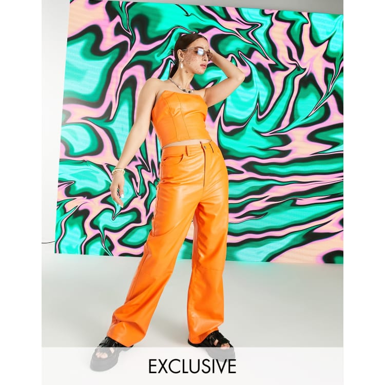 COLLUSION 90s fit faux leather dad trousers co-ord with carpenter detail  and V shape waistband in orange