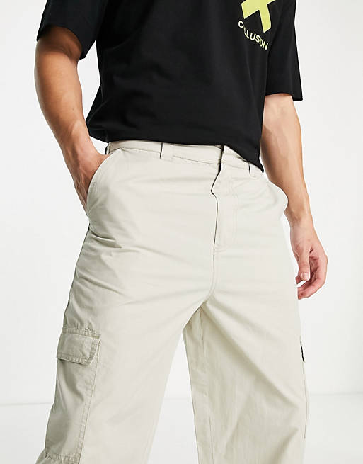 Men COLLUSION 90s fit utility cargo trousers in stone 