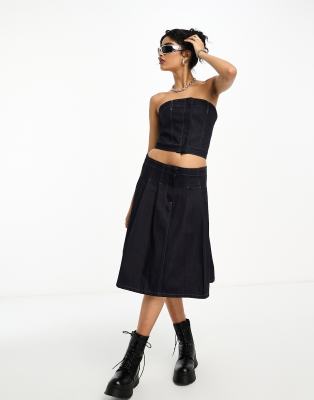 Collusion 90s Knee Length Pleated Denim Skirt In Raw - Part Of A Set-blue In Blue