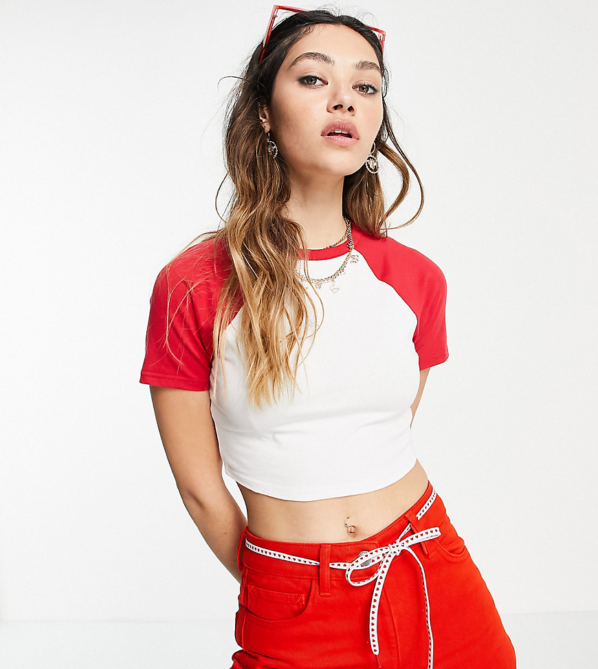 COLLUSION 90's raglan fitted crop short sleeve t-shirt in red and white