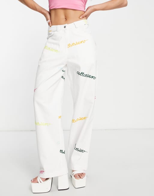 White jeans with embroidery on clearance legs