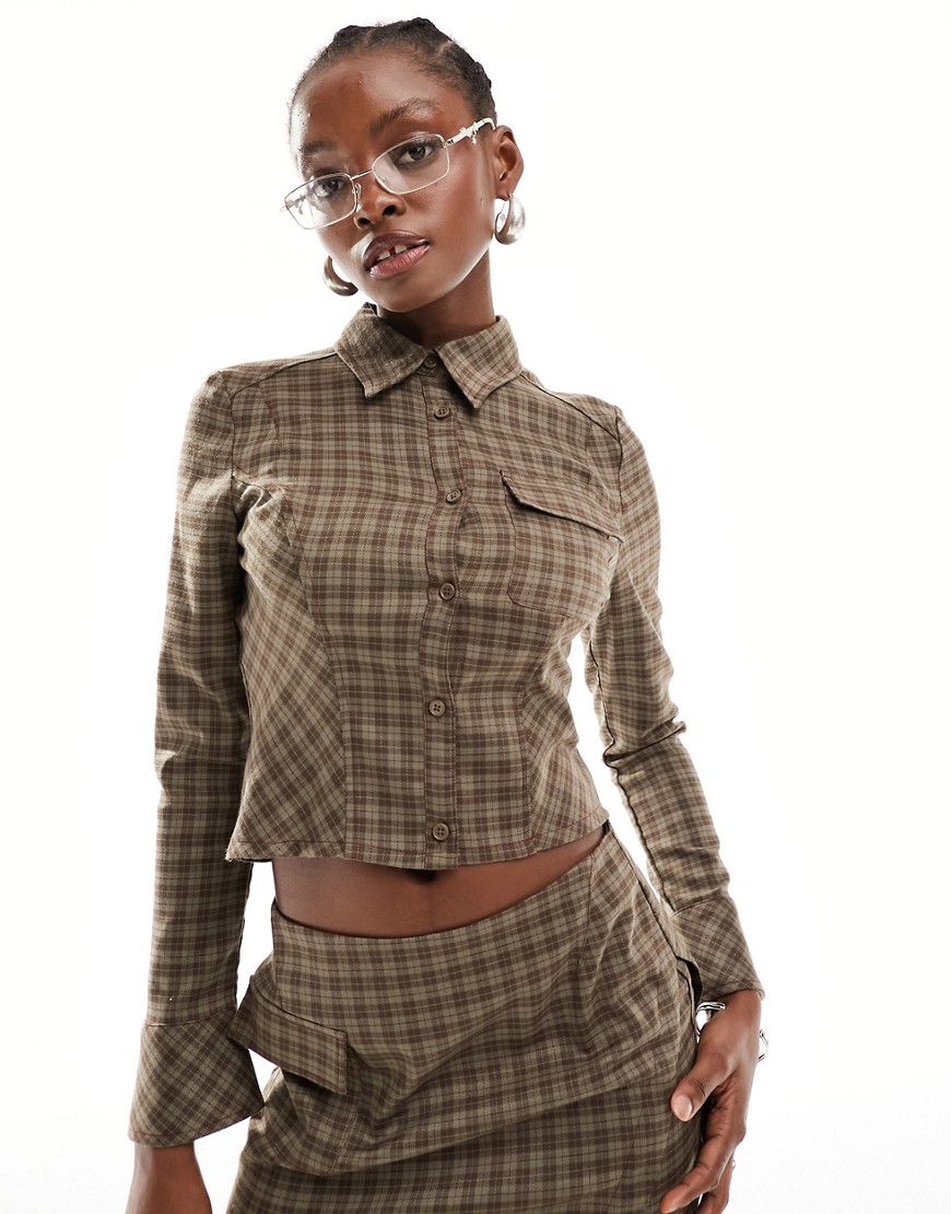 COLLUSION 90s tailored fitted shirt co ord in brown check