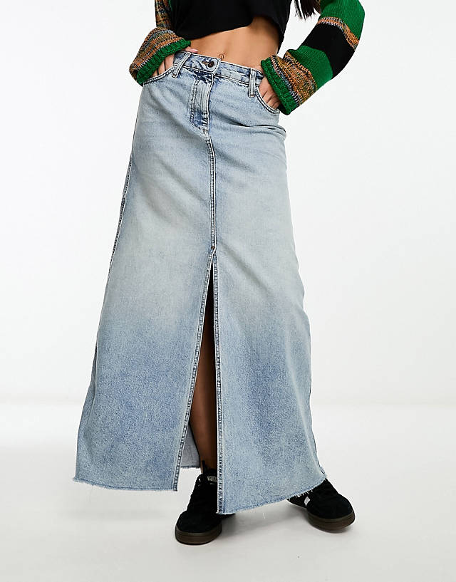 Collusion - a-line long maxi denim skirt with split front in vintage blue wash