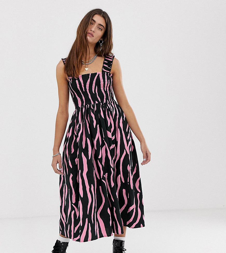 COLLUSION - Aangerimpelde midi-jurk met zebraprint-Multi