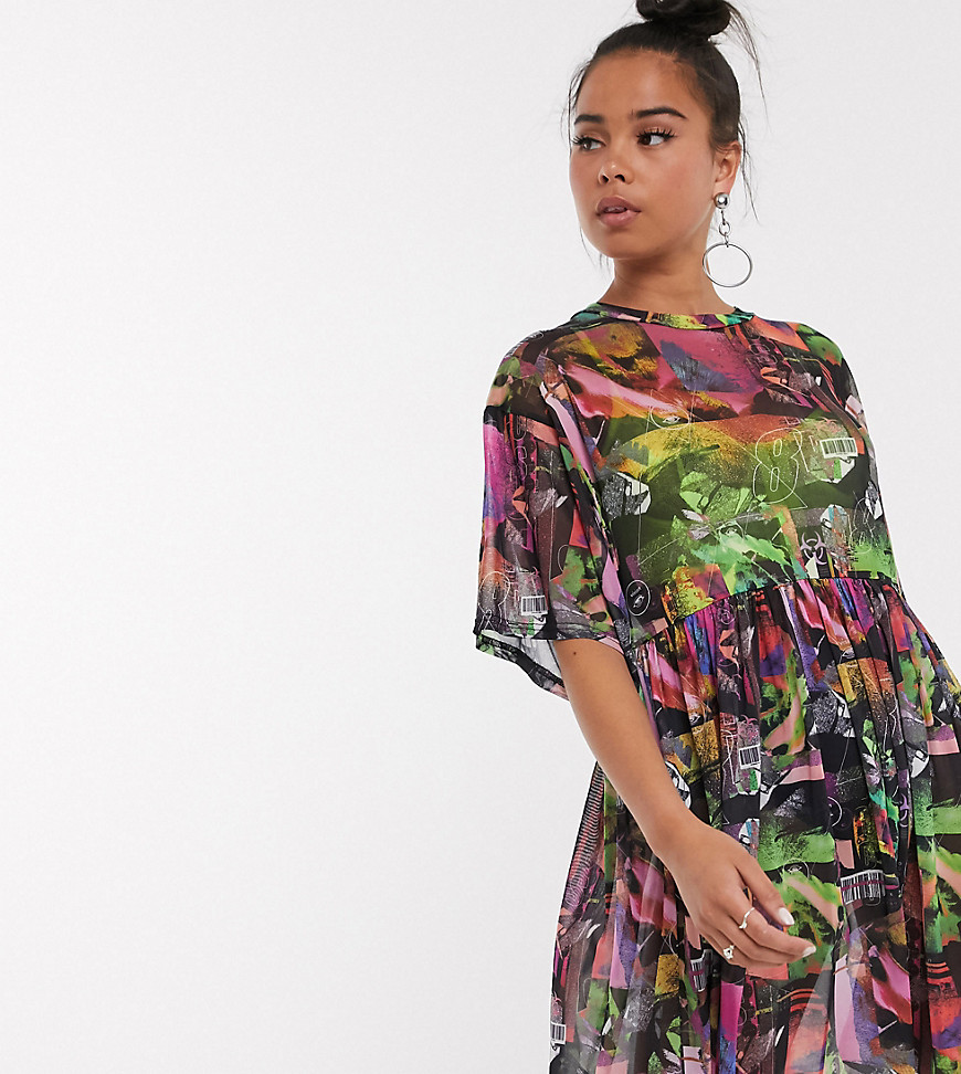 COLLUSION - Aangerimpelde mini-jurk met mesh inzetstuk en freshaprint-Multi