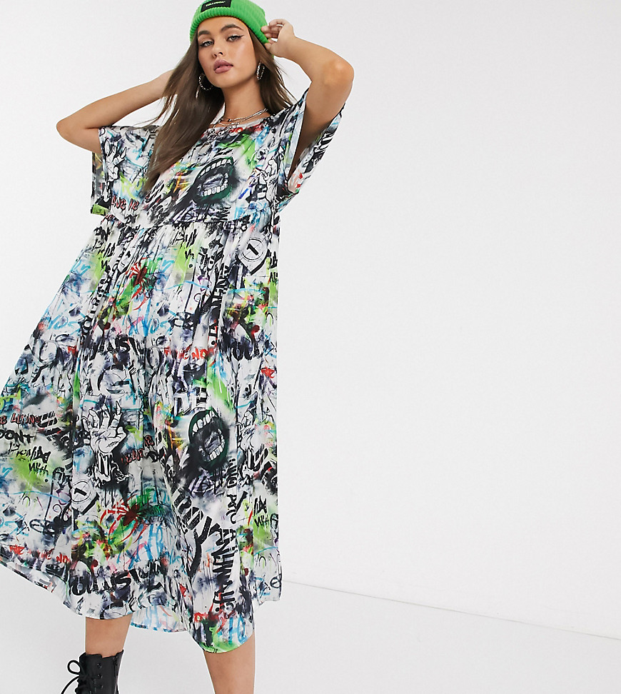 COLLUSION - Aangerimpelde oversized jurk met grafittiprint-Multi
