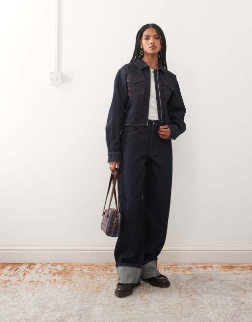 COLLUSION - Aansluitend denim jack in jaren 90-stijl met riempje in de taille in spoeling, 3 van 4
