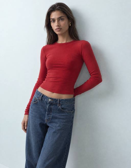 COLLUSION aansluitend ribgebreid T-shirt met lange mouwen in rood, 6 van 10