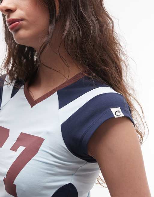 COLLUSION - Aansluitend sport T-shirt met V-hals en kapmouwtjes in blauw, 3 van 4