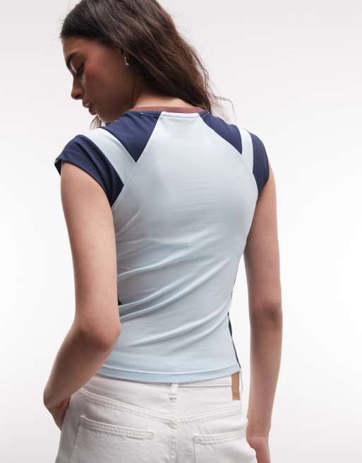 COLLUSION - Aansluitend sport T-shirt met V-hals en kapmouwtjes in blauw, 4 van 4