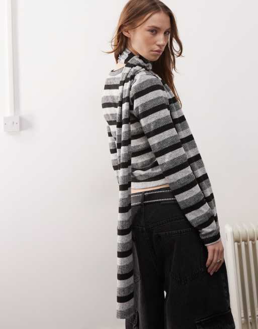 COLLUSION - Aansluitend vest in pluizige zwart-witte strepen met sjaal, 4 van 4