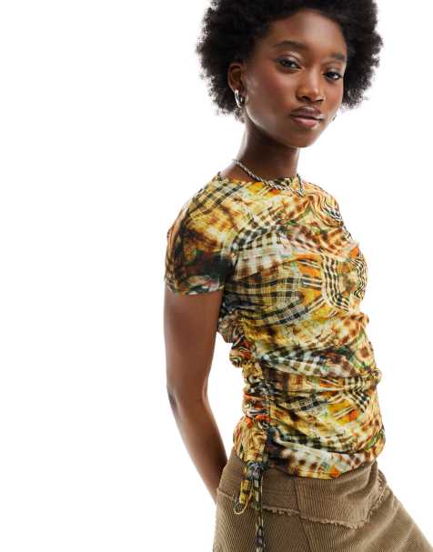 COLLUSION abstract plaid cap sleeve cut out top in multi - view 1
