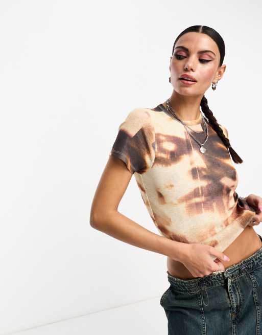 COLLUSION abstract print fitted cap sleeve top in multi 