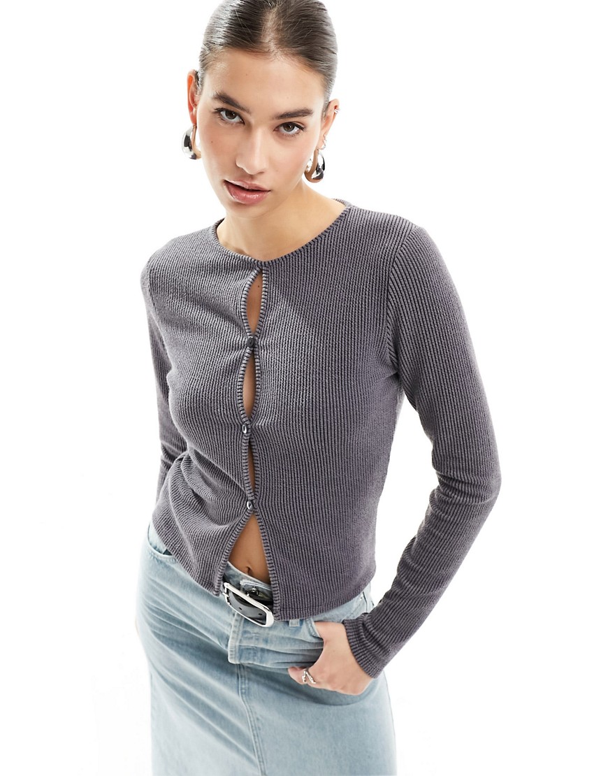 COLLUSION acid wash button trim long sleeve top in grey
