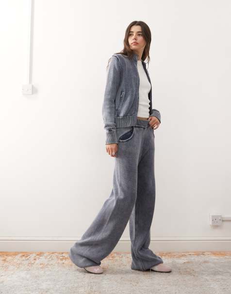 COLLUSION acid wash heavyweight waffle knitted joggers co-ord in blue - view 1