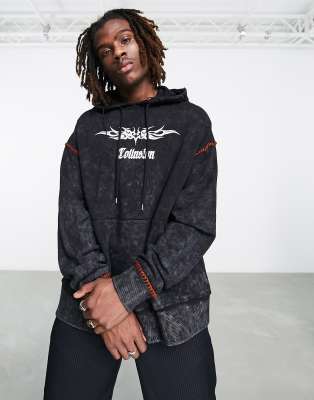 COLLUSION acid wash logo hoodie with stitch detailing in gray