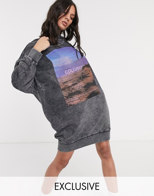 COLLUSION acid wash sweat dress with graphic print in grey