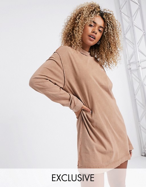 COLLUSION acid wash t shirt dress with exposed seams in tan