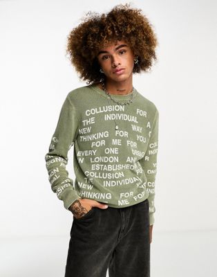 COLLUSION acid wash text jumper in sage green