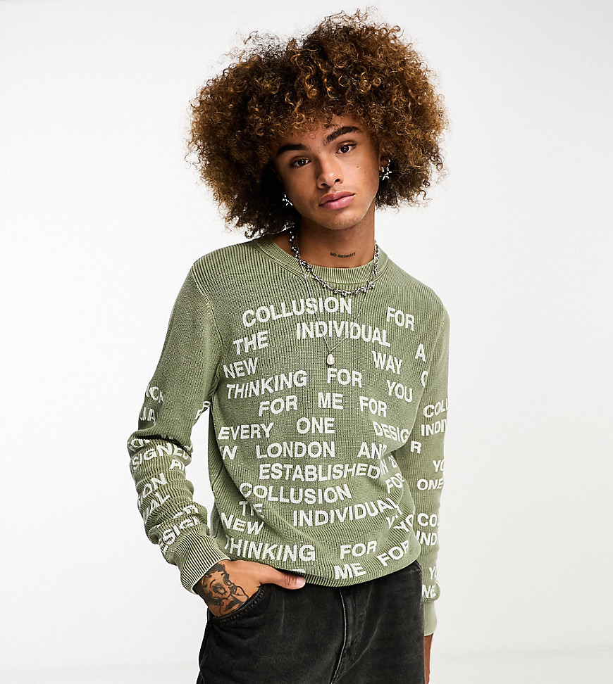 COLLUSION acid wash text jumper in sage green