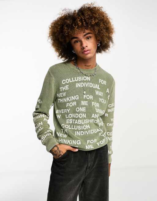 COLLUSION acid wash text sweater in sage green