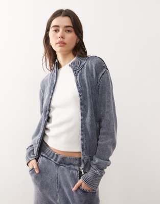 Collusion Acid Wash Waffle Knit Zip Up Sweater In Blue