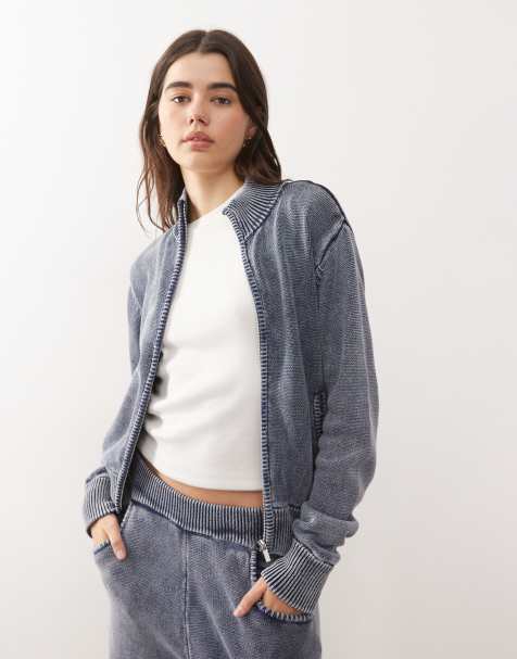 COLLUSION acid wash waffle zip-through jumper in blue (Part of a set) - view 1