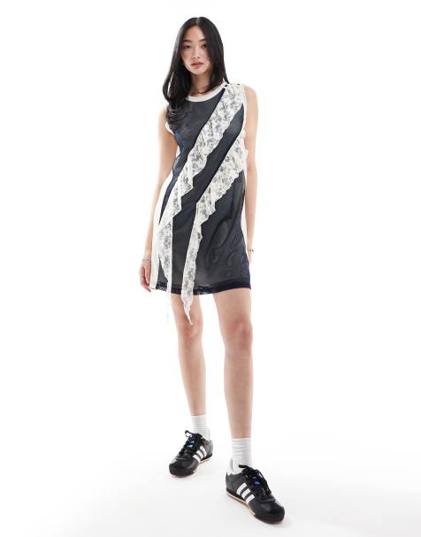 COLLUSION airtex mini singlet dress with lace trim in navy - view 1