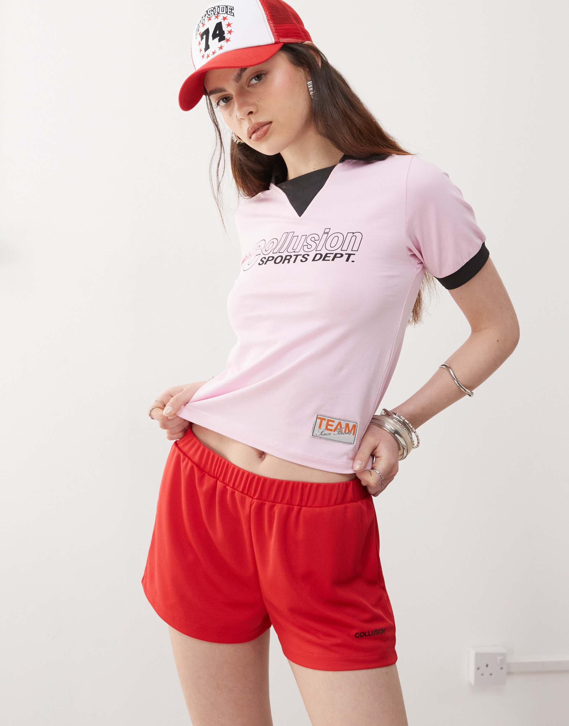 collusion airtex red shorts with logo