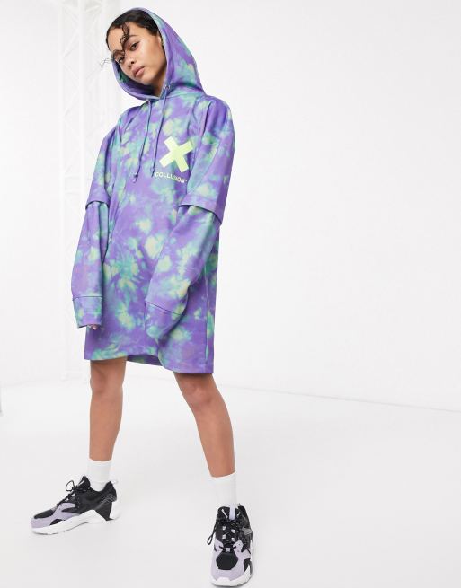 COLLUSION all over print double layer hoodie dress