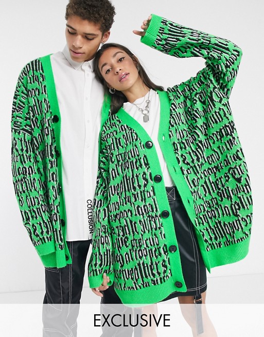 COLLUSION Unisex all over text detail cardigan in green