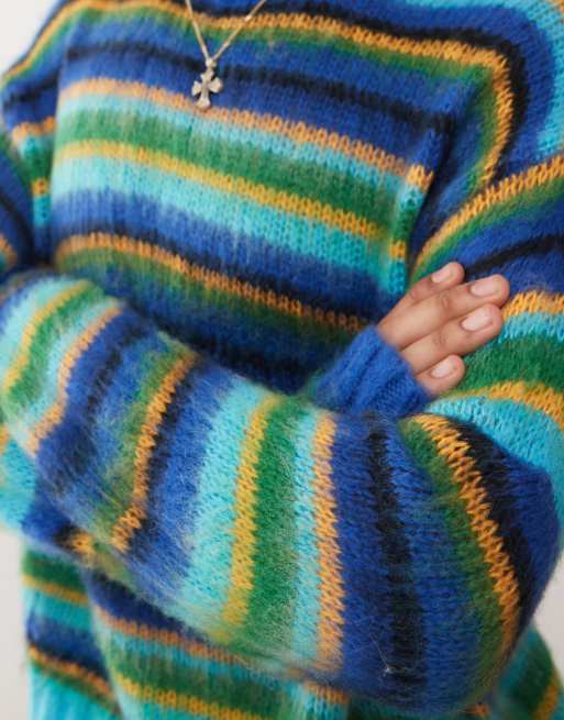 COLLUSION – Angerauter gestreifter Oversize-Pullover in Grün mit Rundhalsausschnitt, 3 von 4