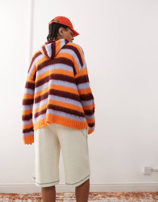 COLLUSION – Angerauter Oversize-Kapuzenpullover in gestreiftem Blau, 4 von 4