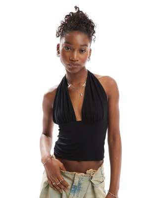 COLLUSION - Anschmiegsames, Longline-Neckholder-Oberteil aus Cupro in Schwarz