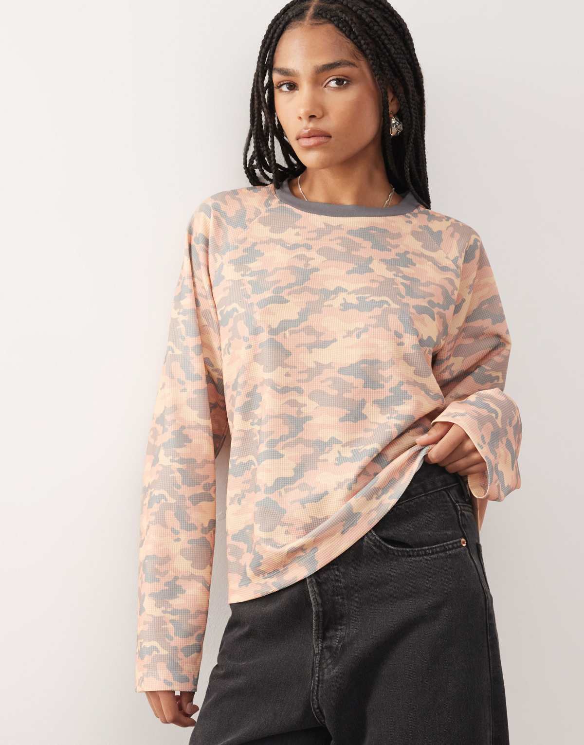 COLLUSION anti fit camo waffle long sleeve top