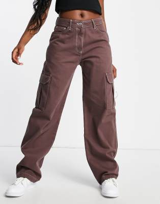 anti fit cargo jeans with contrast stitch in mocha-Brown