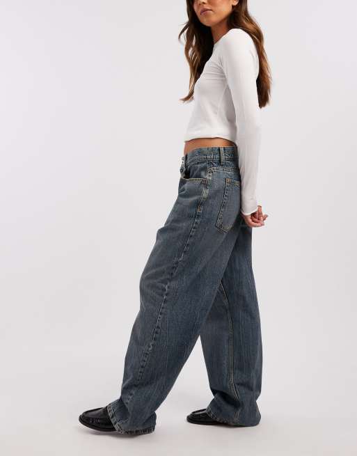 COLLUSION antifit mid rise jeans in mid blue marble