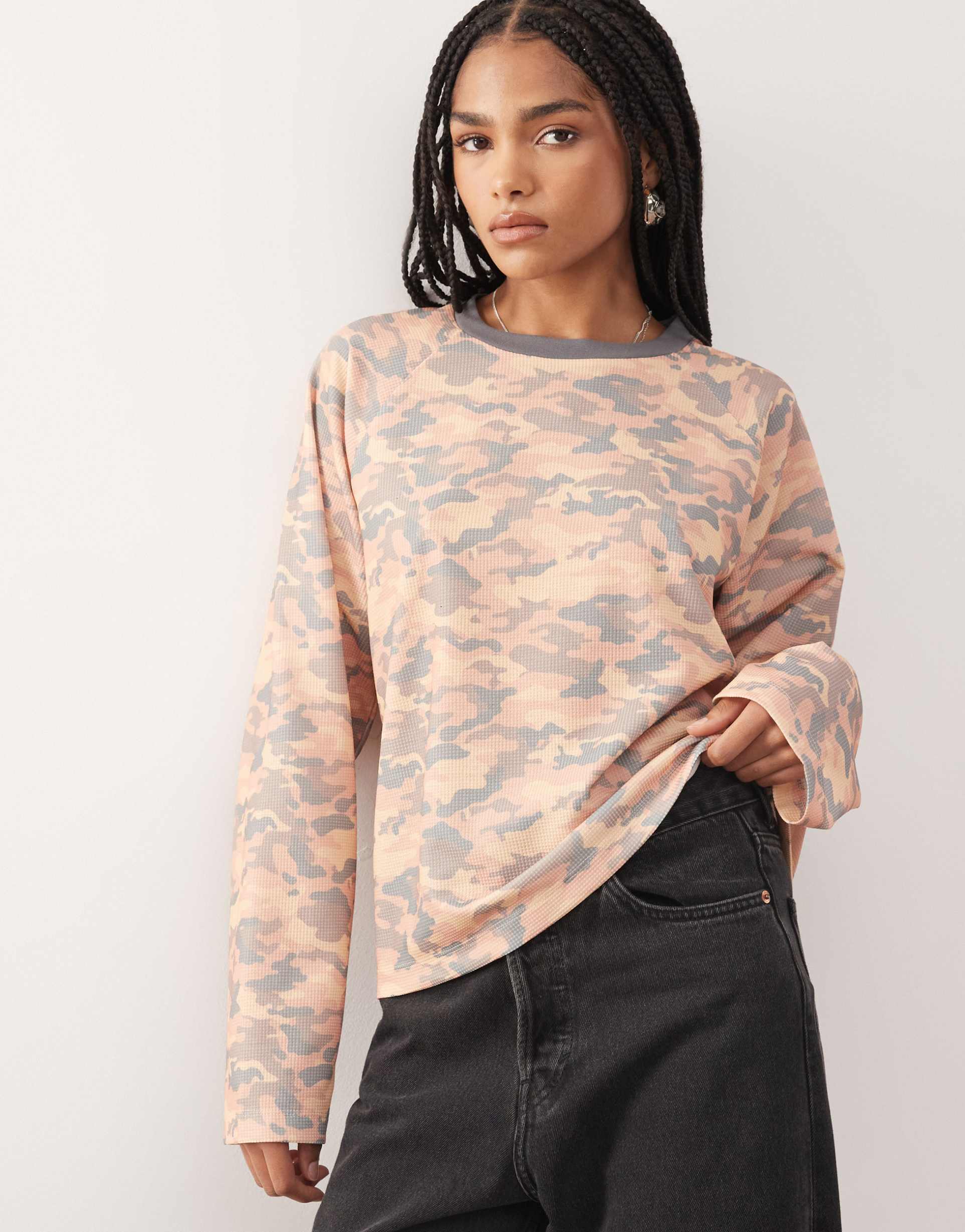 collusion antifit waffle-knit long sleeve top in camo