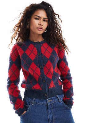 Argyle cardigan in red & blue-Multi