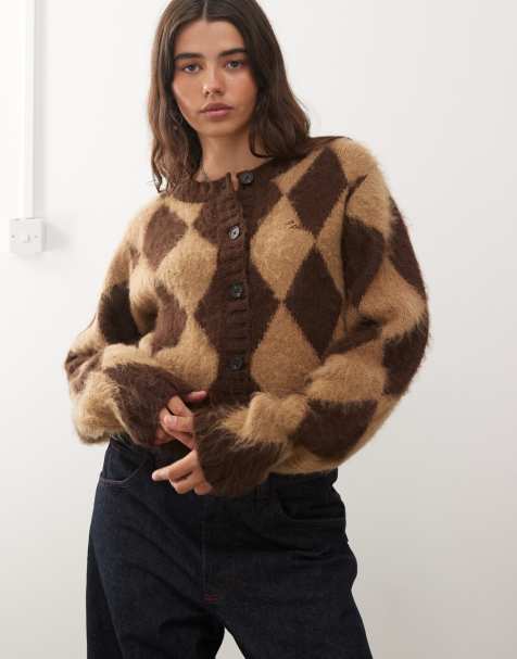 COLLUSION argyle knit fluffy cardi in chocolate brown - view 1