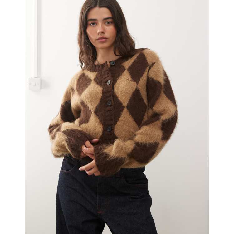 COLLUSION argyle knitted fluffy cardi in chocolate brown | ASOS