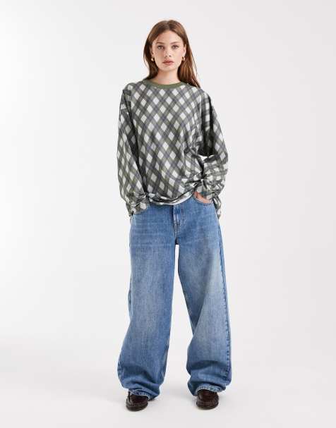 COLLUSION argyle textured long sleeve top in khaki green - view 1