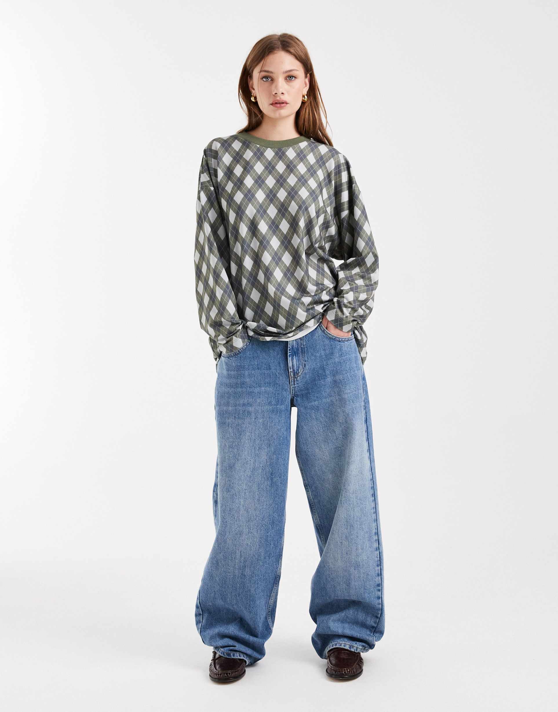 collusion argyle textured long sleeve top in khaki green