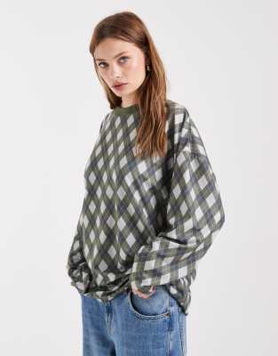 Collusion Argyle Textured Long Sleeve Top In Multi