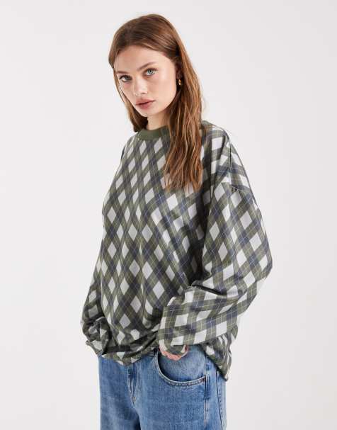 COLLUSION argyle textured long sleeve top in khaki