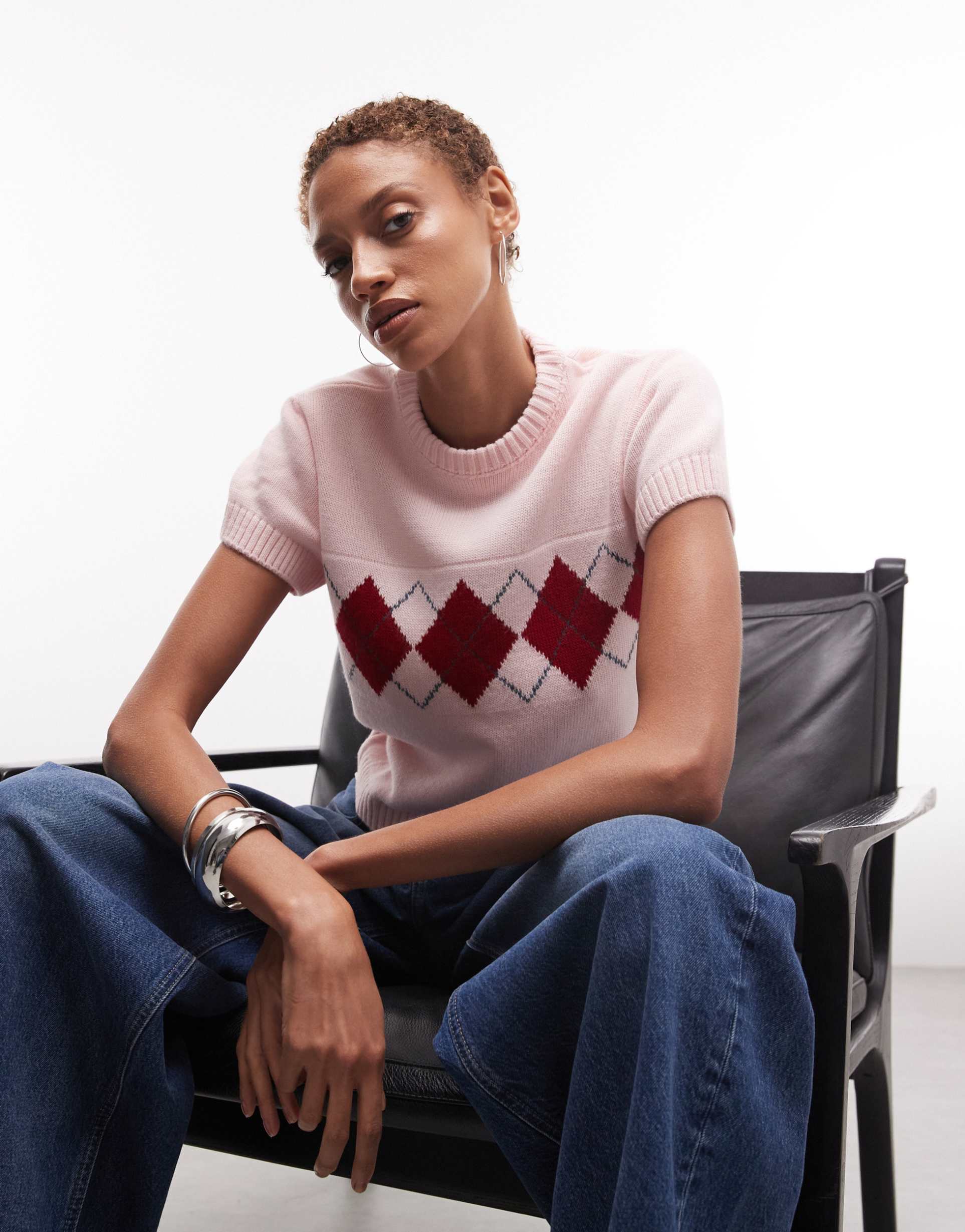 collusion arygle cap sleeve knit top in pink