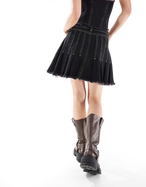 COLLUSION asymetric denim contrast seam festival skirt co ord in black