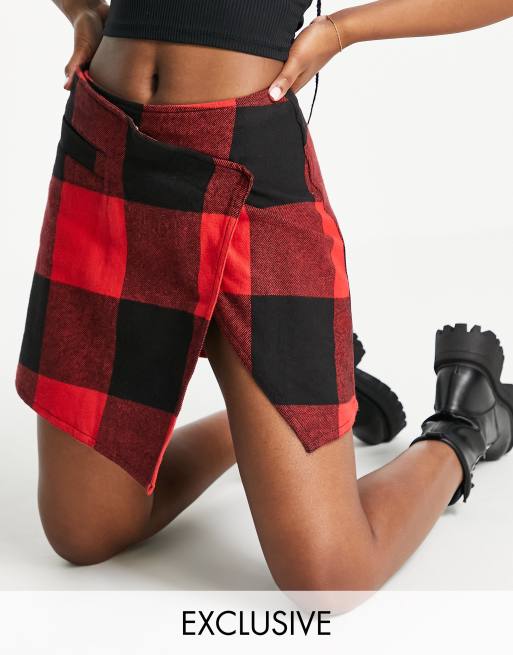 COLLUSION asymmetric brushed check mini skirt in black and red