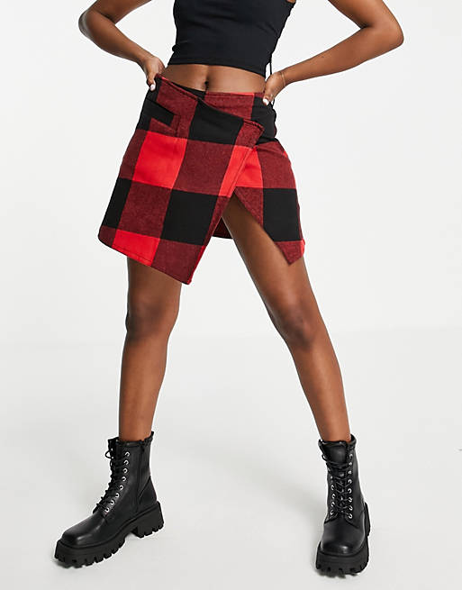 Asos Women Clothing Skirts Mini Skirts Asymmetric brushed plaid mini skirt in and red 