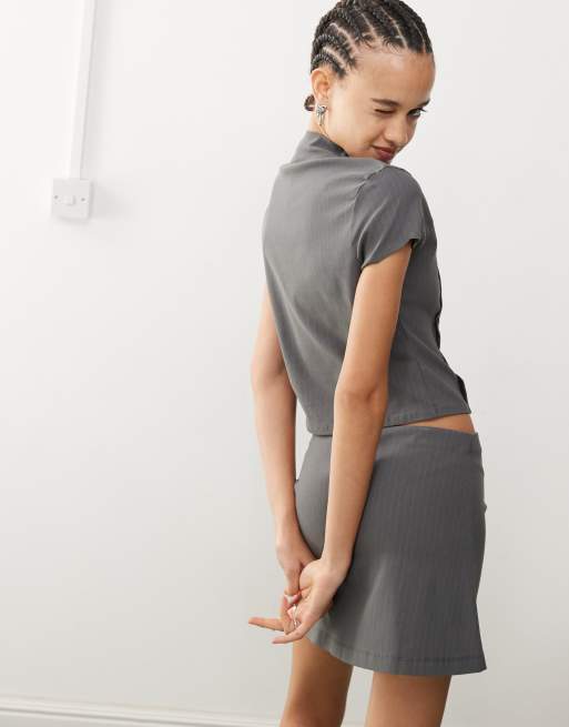 COLLUSION asymmetric button up high neck stripe fitted top, 4 of 4